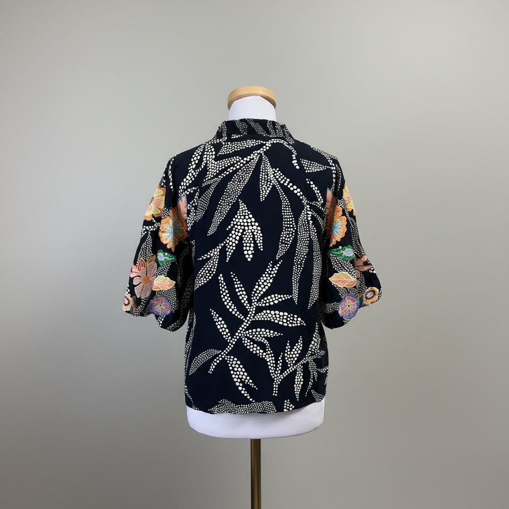 THML navy flower embroidery puff sleeve blouse, Size M