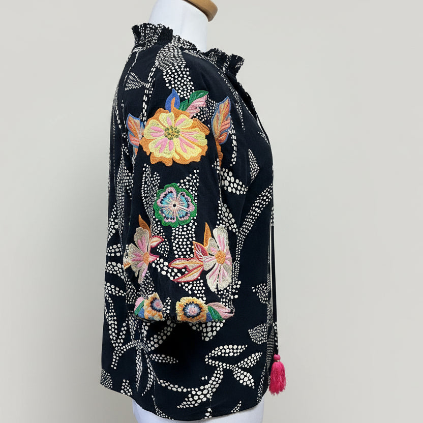 THML navy flower embroidery puff sleeve blouse, Size M