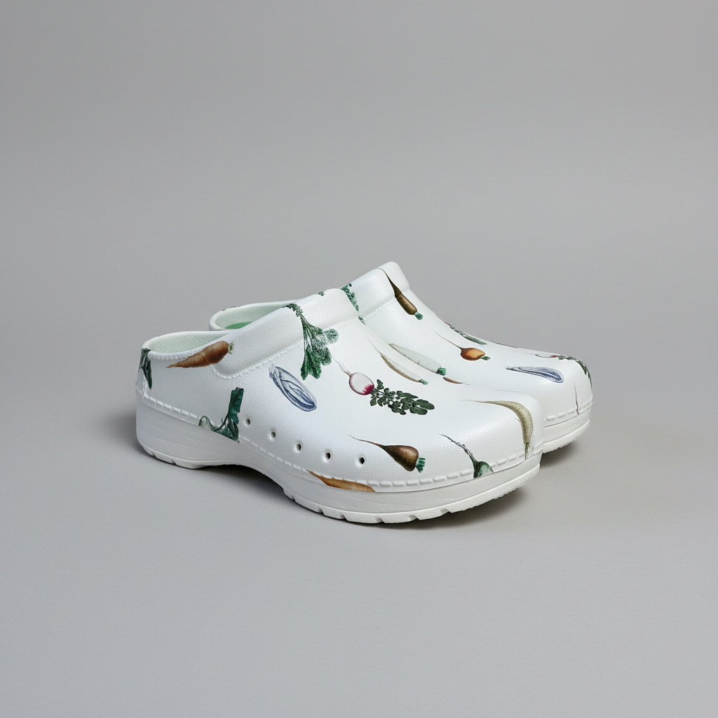 Dansko white vegetable print Kane clogs, size 8, BRAND NEW!