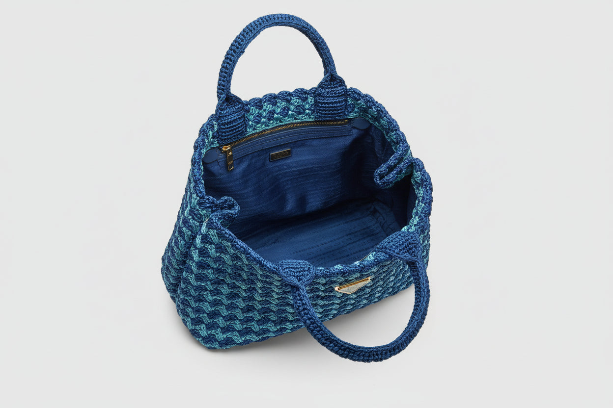 Prada blue crochet raffia Canapa tote bag