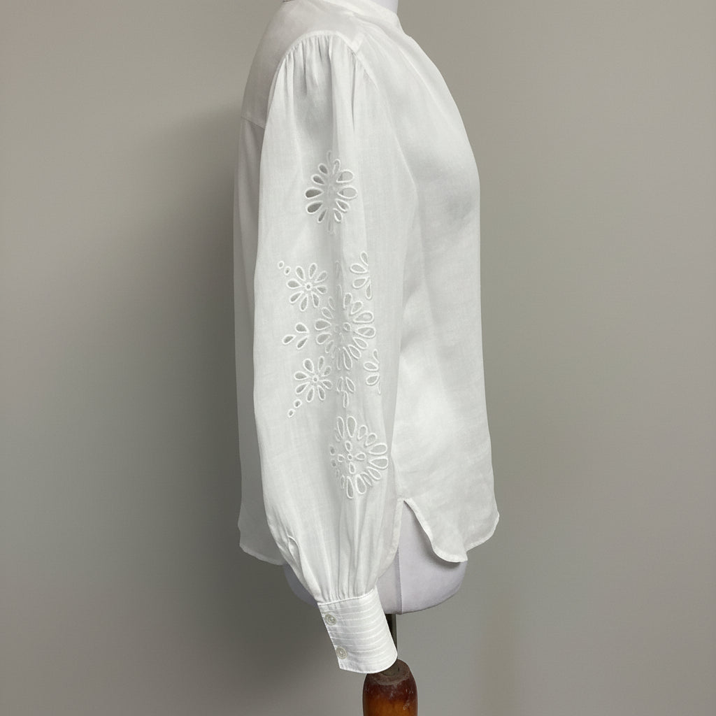 J. McLaughlin white blouse with eyelet sleeves, size S