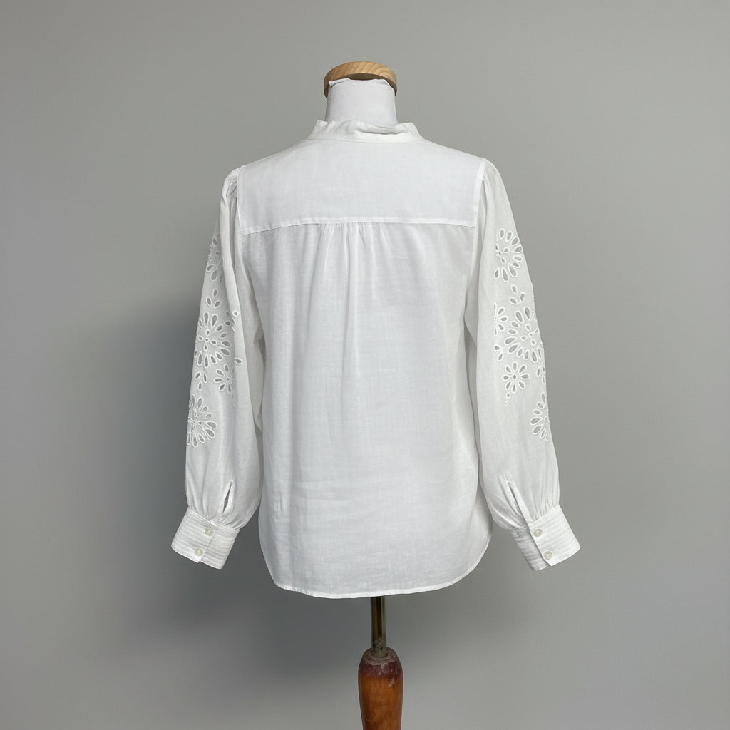 J. McLaughlin white blouse with eyelet sleeves, size S