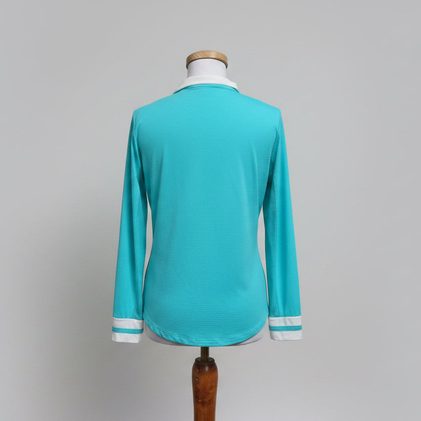 G Lifestyle aqua and white zip-neck top, size M