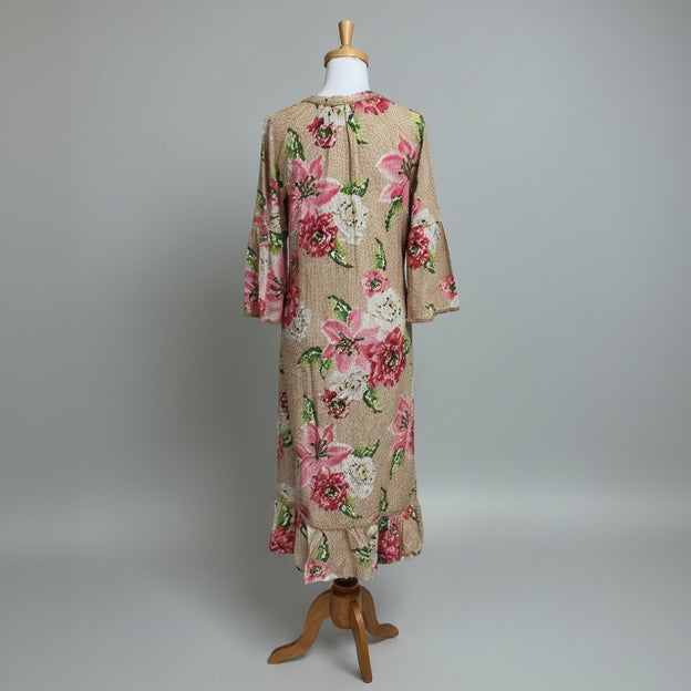 FARM Rio tan and pink Woven Floral Midi dress, size S, NEW WITH TAGS!