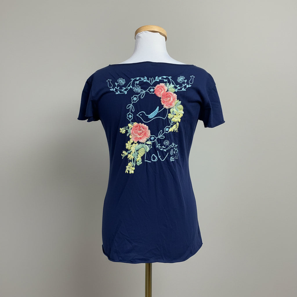 Johnny Was navy embroidered tee, size M, NEW WITH TAGS!