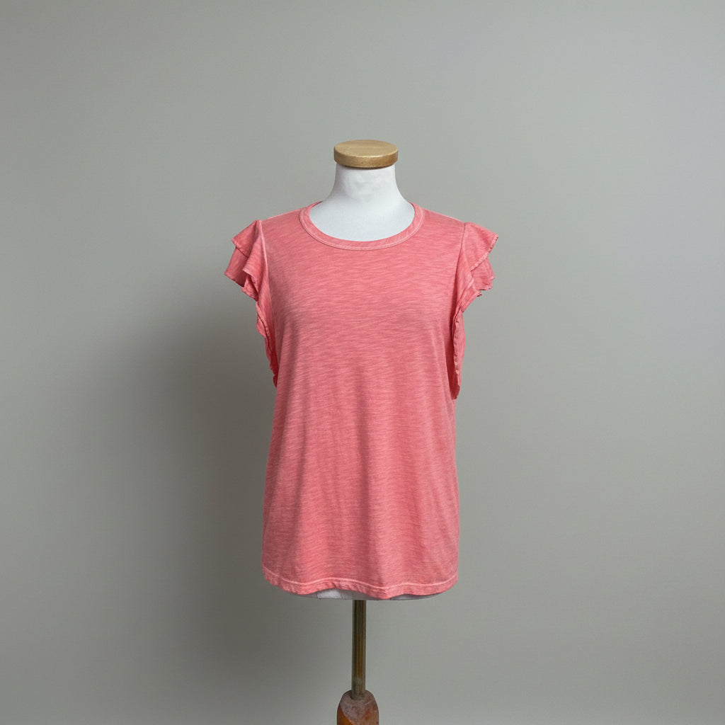 Veronica Beard coral Akeela ruffle tee, size M