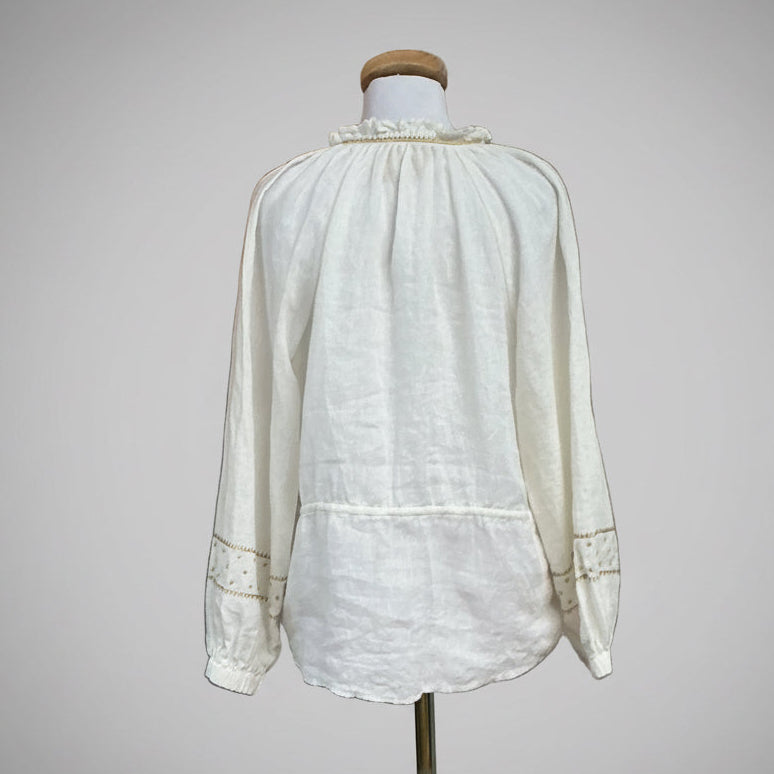 Nicoblu white linen w/gold embroidery blouse, size M
