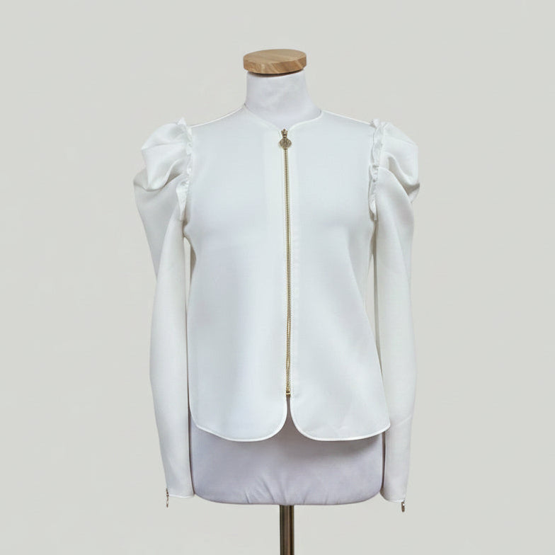Emily McCarthy white ruffled Ava jacket, size S