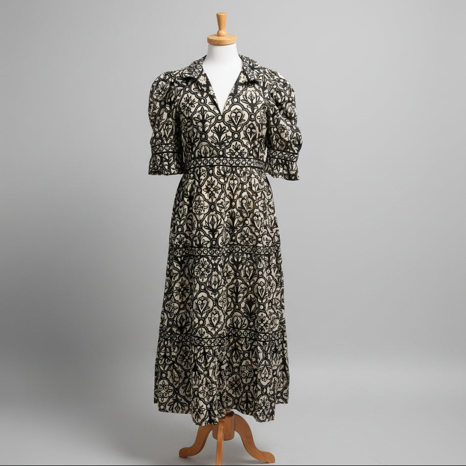 Gretchen Scott tan & black floral dress, size M