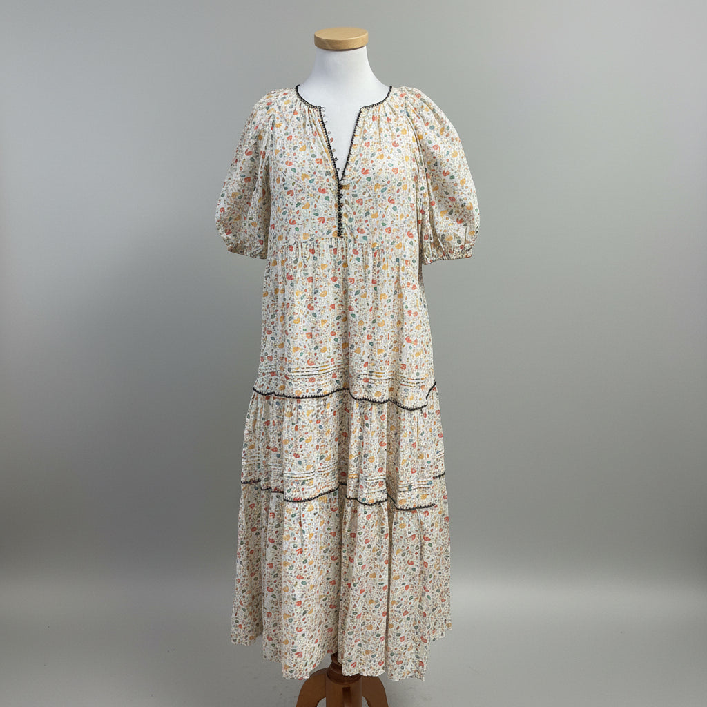 The Great cream, orange, and aqua floral Whipstitched Ravine dress, size S