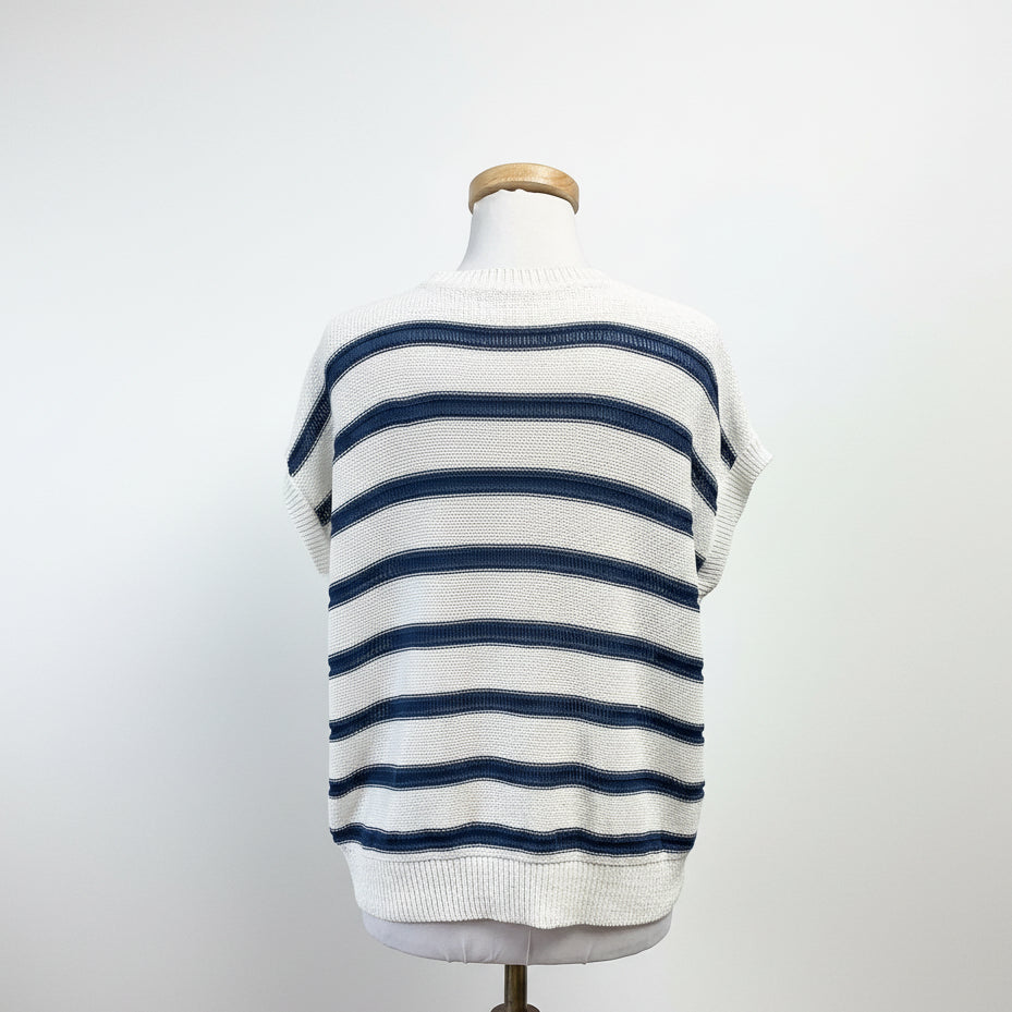 Leilian blue and white stripe sweater with sparkle, size S
