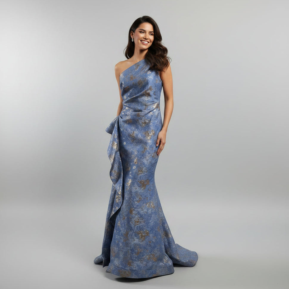 Terijon periwinkle and gold jacquard dress, size 8