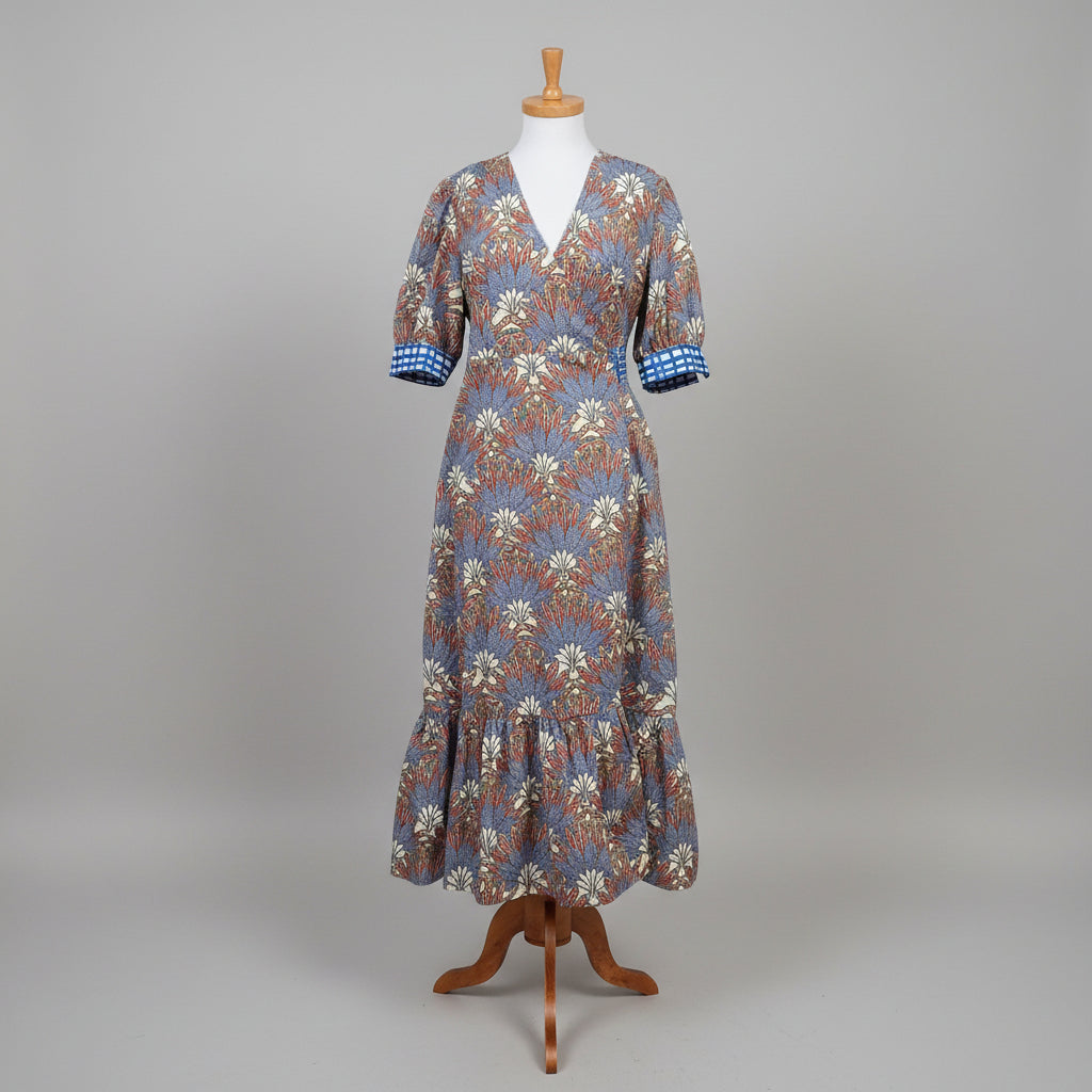 Marie Oliver blue and pink floral and gingham Rhett dress, Size M
