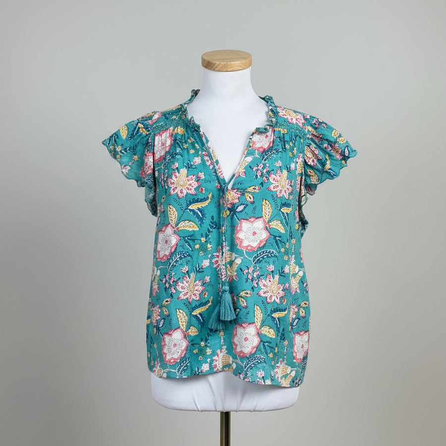 Allison New York turquoise/pink floral tassel blouse, Size M