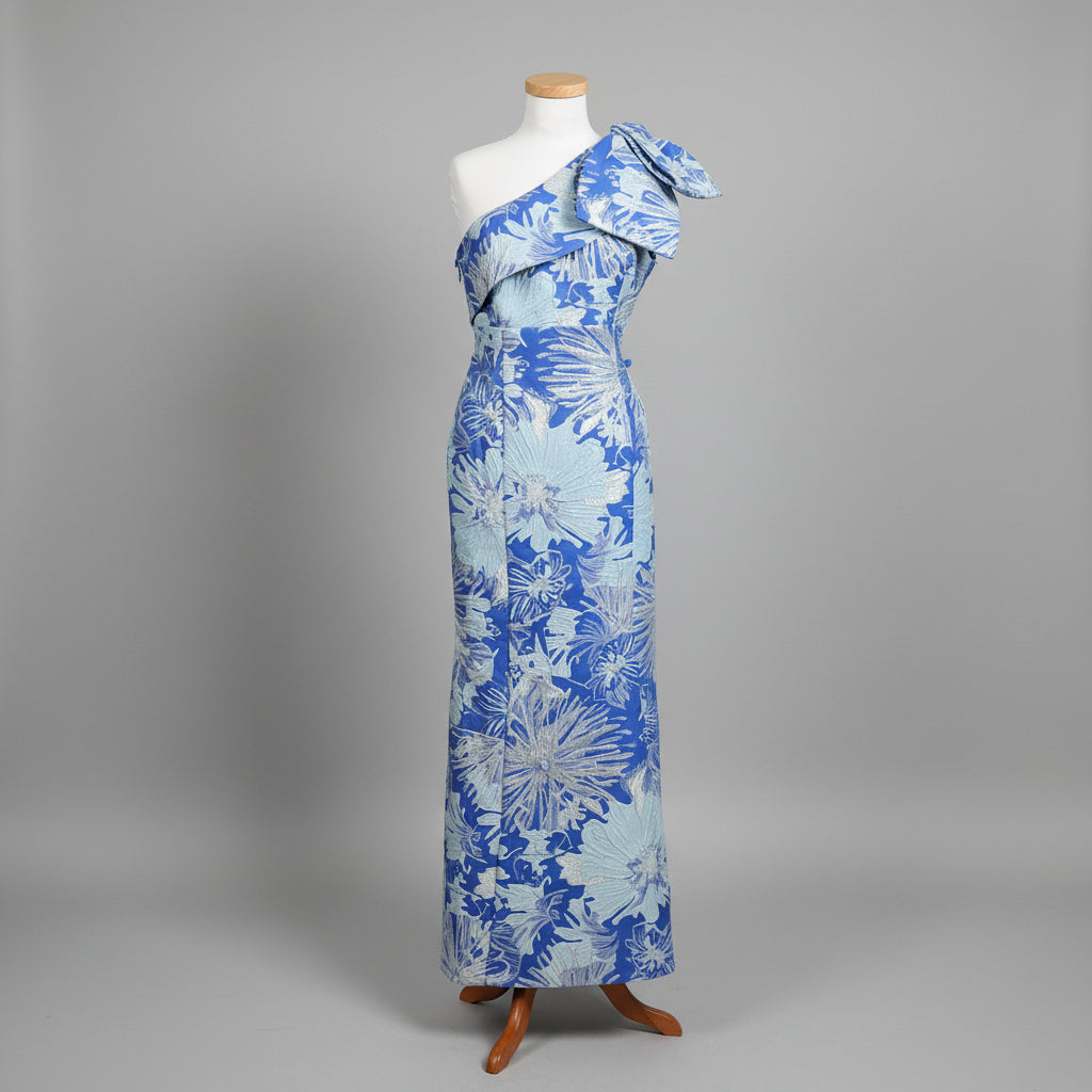 Donna Karan blue metallic jacquard floral one-shoulder dress, Size 10
