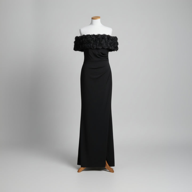 Eliza J. black rosette trim off shoulder dress, Size 10