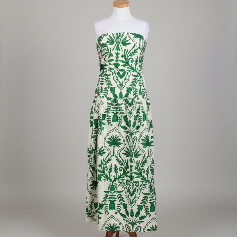 Band of the Free green/ivory cotton floral strapless dress, Size M