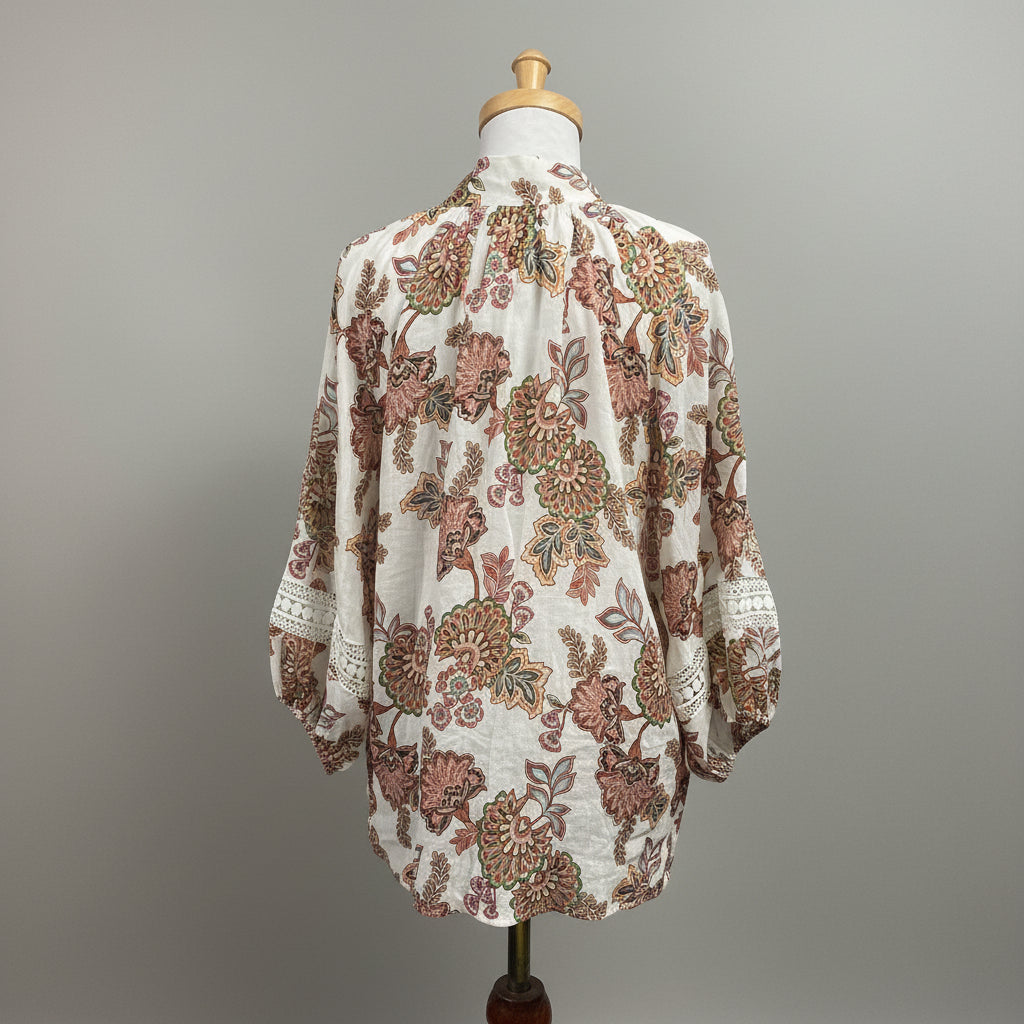 Zoe Kratzmann cream and pink K'Gari blouse with crochet detail, size 10