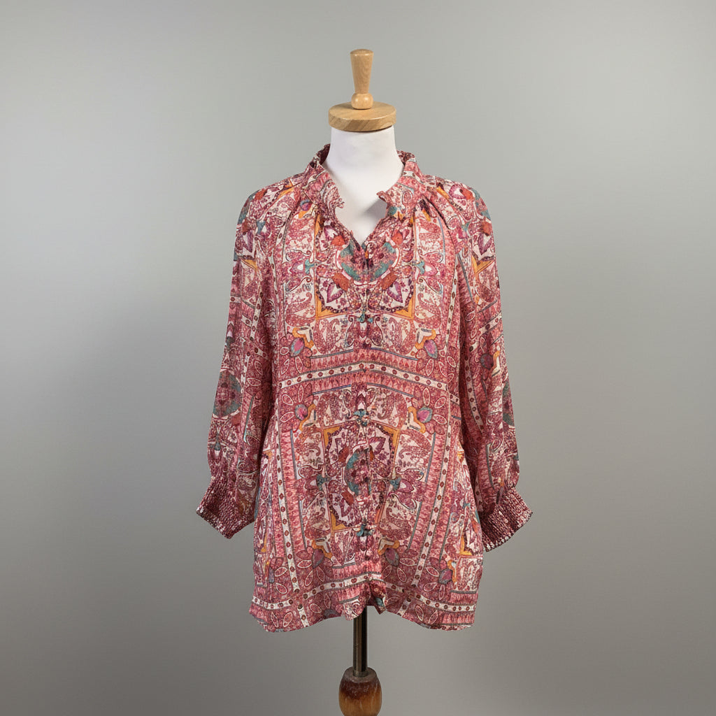 Zoe Kratzmann blush and turquoise Carousel print blouse, size 10