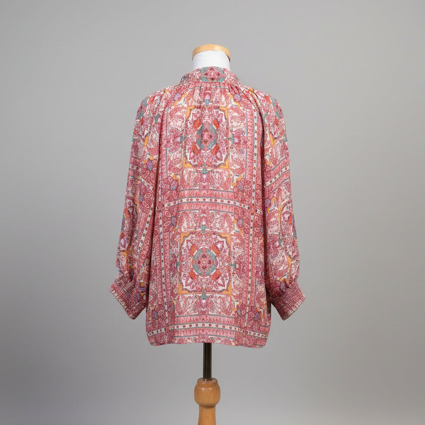 Zoe Kratzmann blush and turquoise Carousel print blouse, size 10