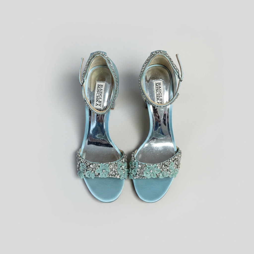 Badgley Mishka pale blue satin & rhinestone Finesse heel, Size 8.5, BRAND NEW!