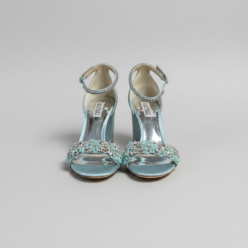 Badgley Mishka pale blue satin & rhinestone Finesse heel, Size 8.5, BRAND NEW!