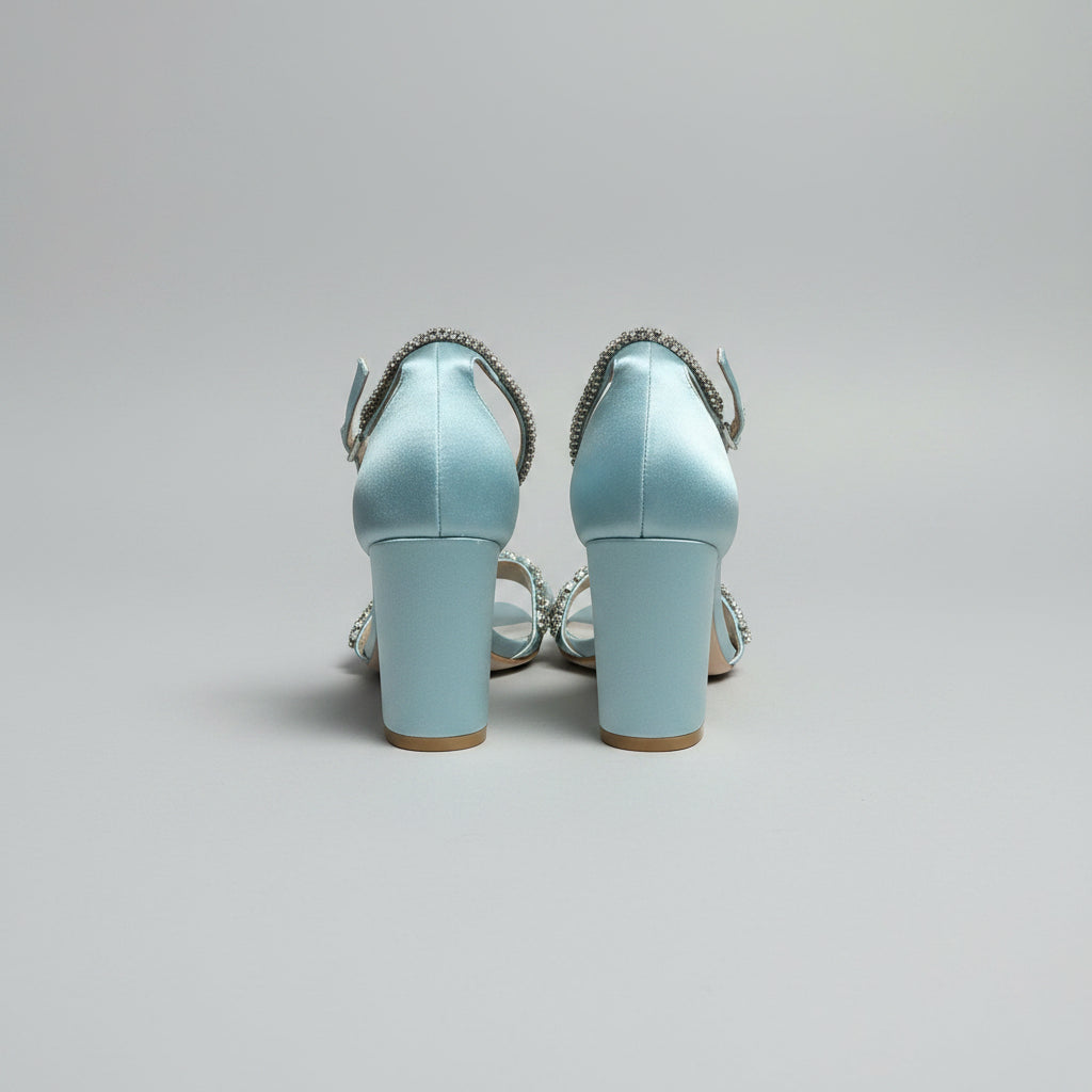 Badgley Mishka pale blue satin & rhinestone Finesse heel, Size 8.5, BRAND NEW!