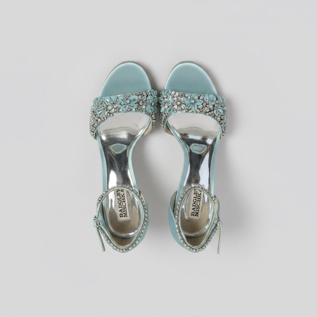 Badgley Mishka pale blue satin & rhinestone Finesse heel, Size 8.5, BRAND NEW!