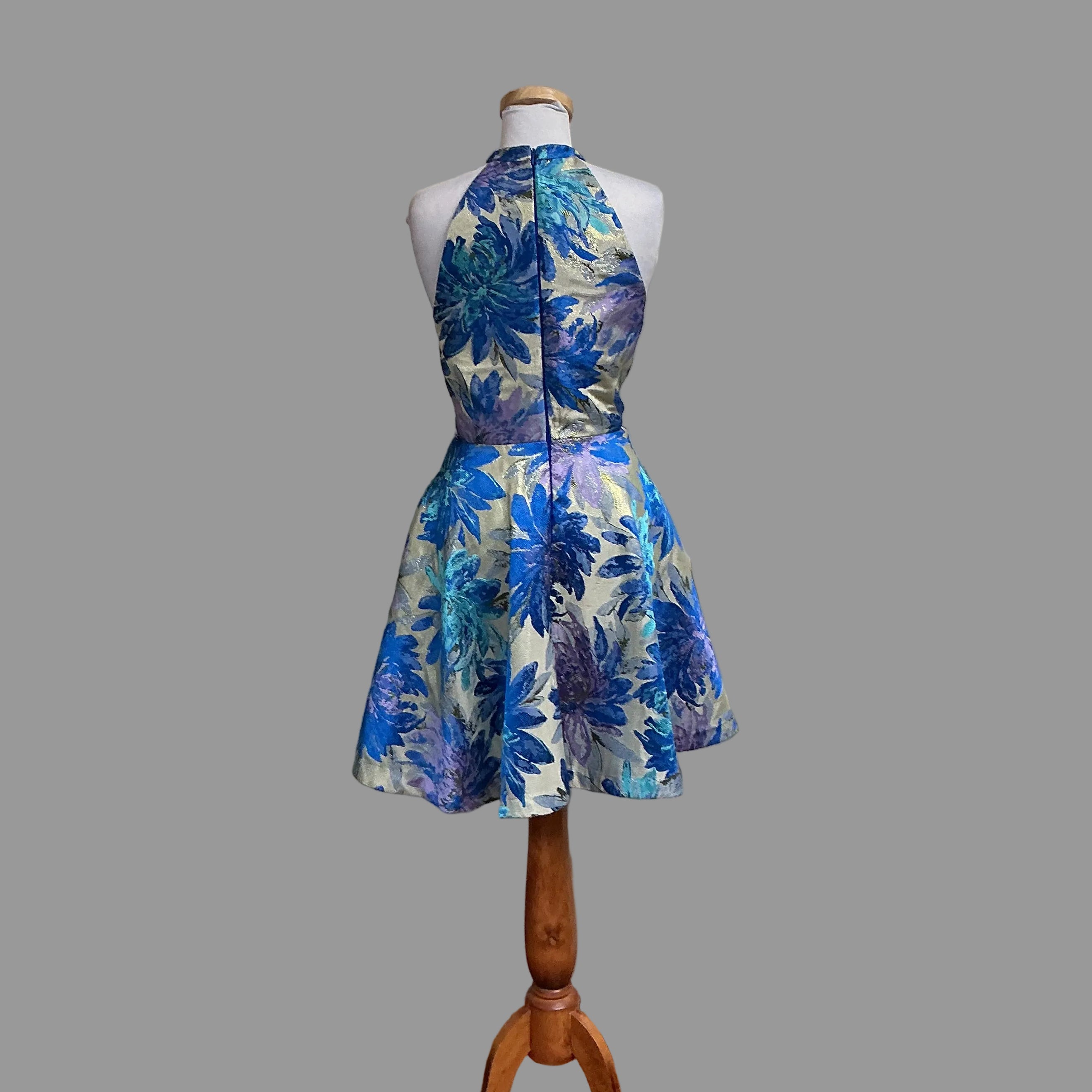 Badgley Mishka blue metallic floral cocktail dress, Size 12