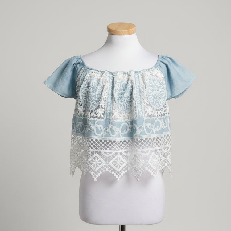 Lucy Paris light blue and white lace blouse, size XS, LIKE NEW!