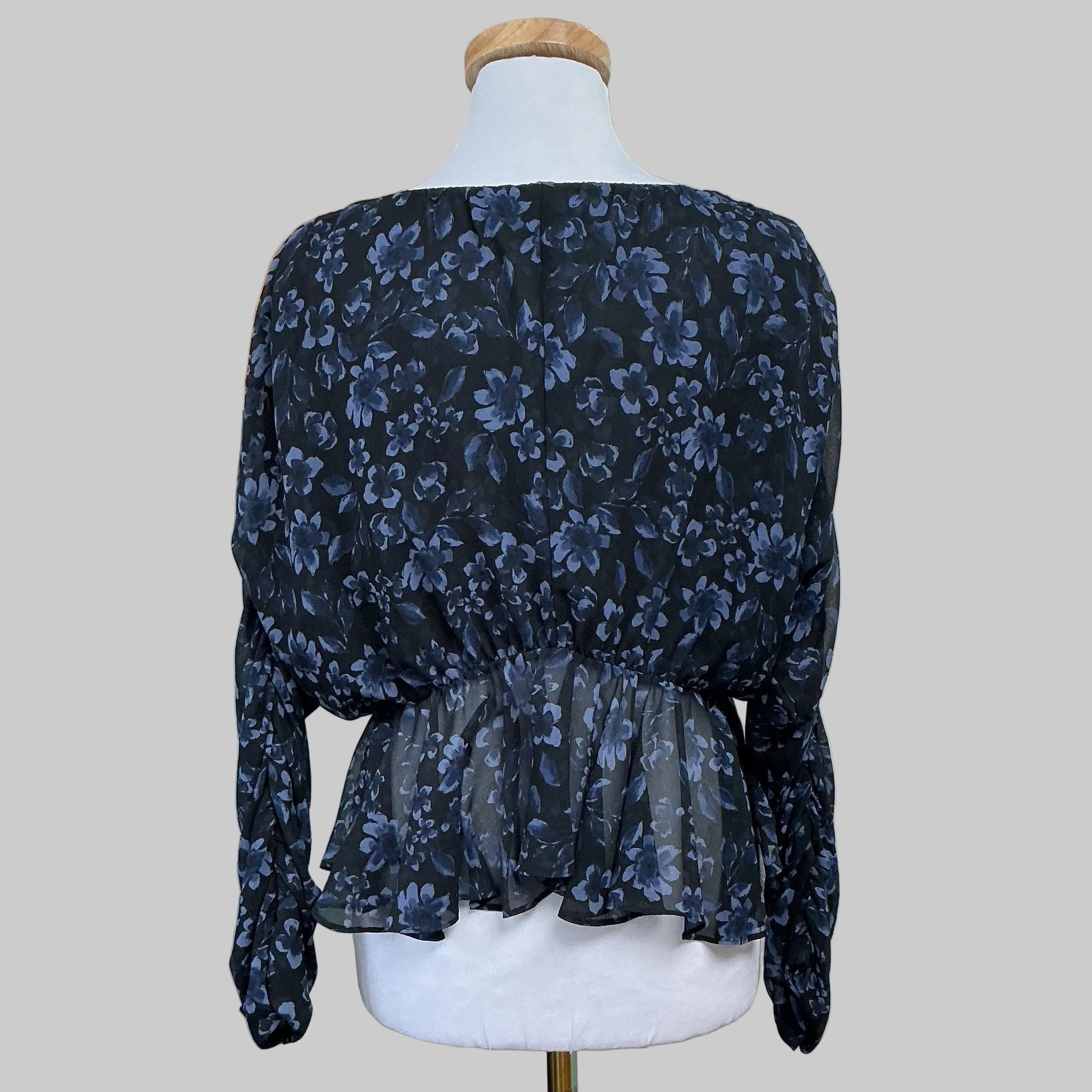 Misa black/blue floral long sleeve blouse, size L