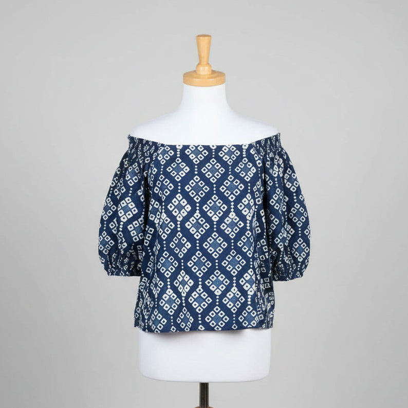 Velvet blue & white batik blouse, size S