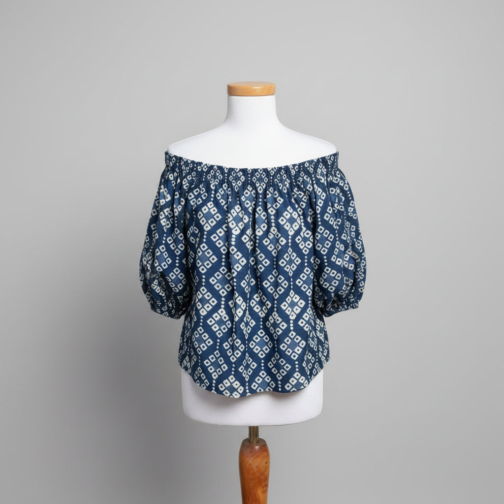 Velvet blue & white batik blouse, size S