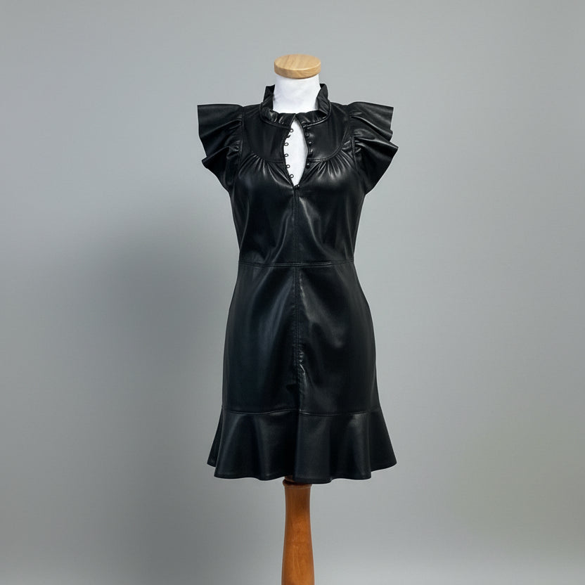 Melissa Nelson black faux leather ruffle sleeve dress, Size S