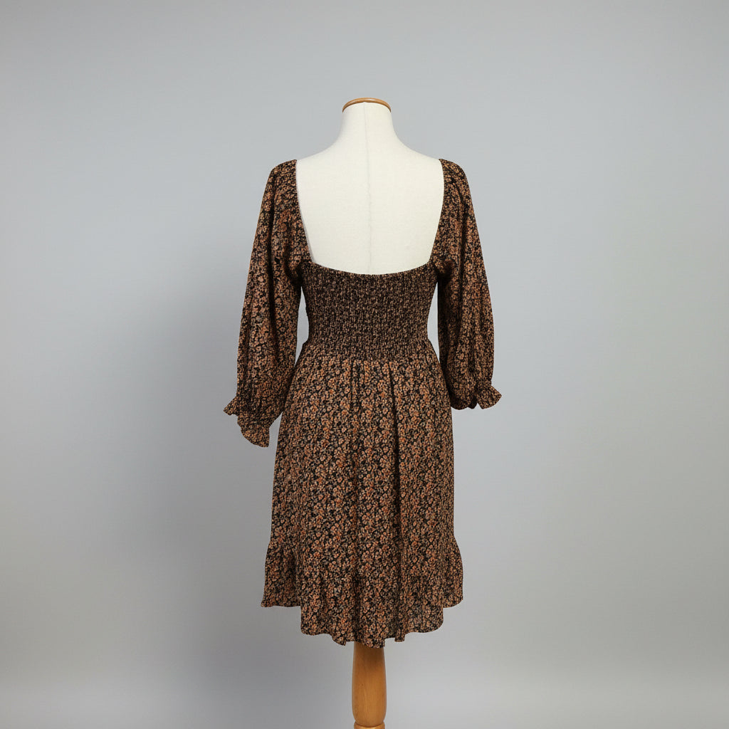 Faithfull the Brand black and orange floral linen dress, size 8