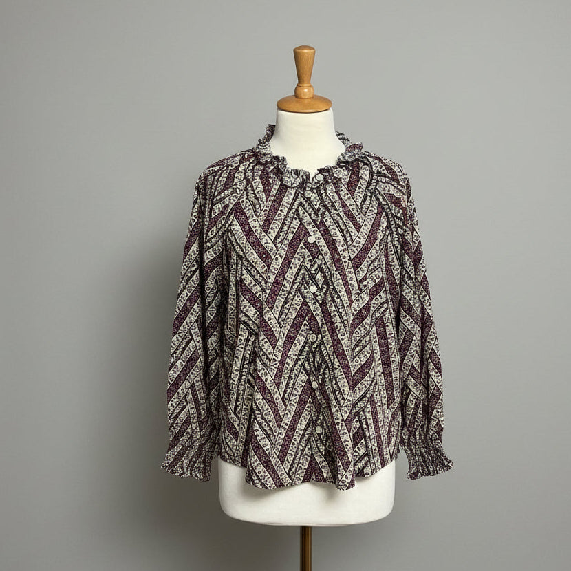 Veronica Beard cream and burgundy print blouse, size L