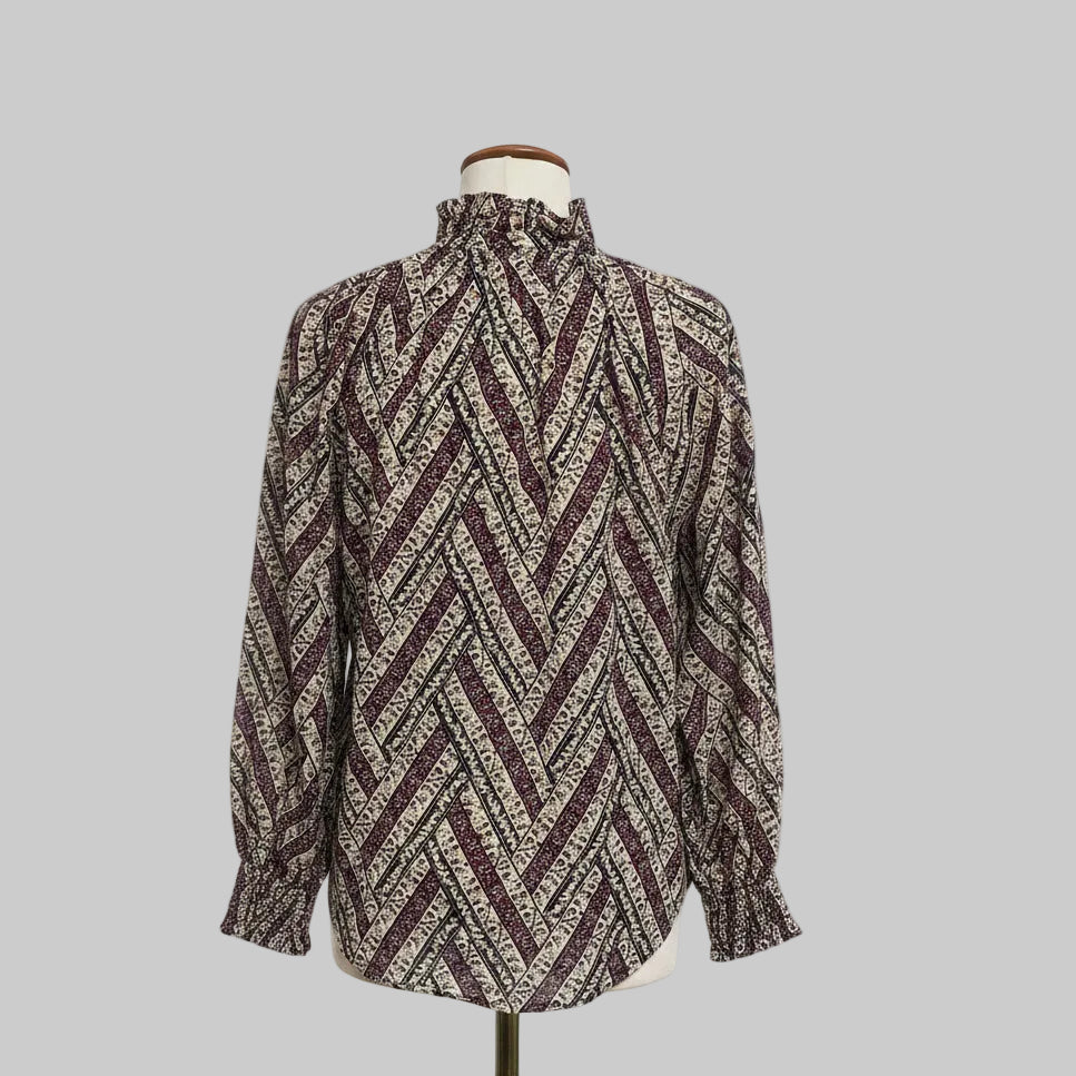 Veronica Beard cream and burgundy print blouse, size L