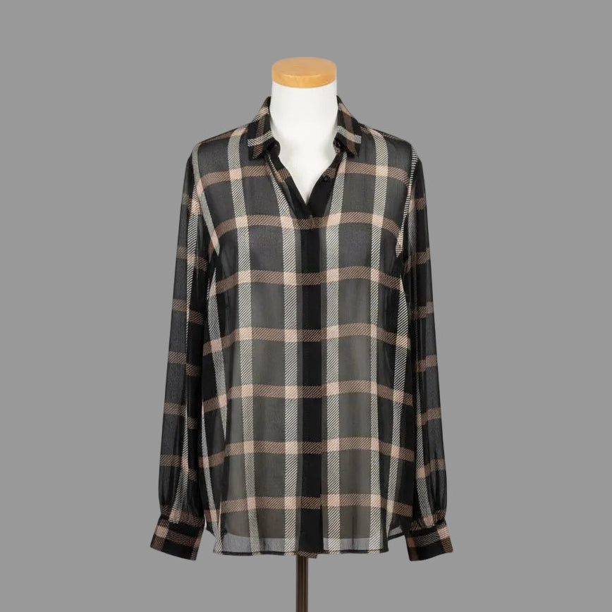 AKRIS black and camel plaid blouse, size 12