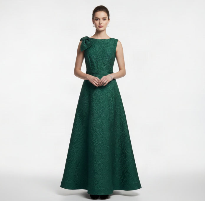 Marina evergreen brocade dress with bow, size L