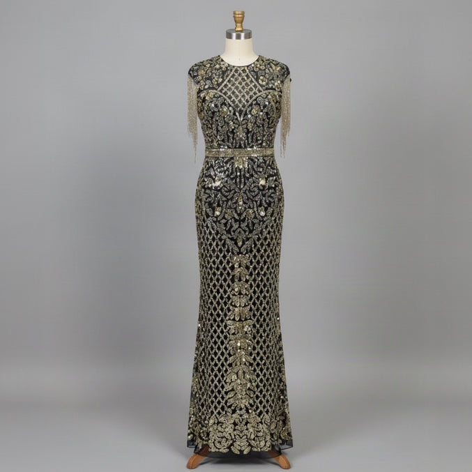 Mac Duggal black and gold beaded dress, size 8