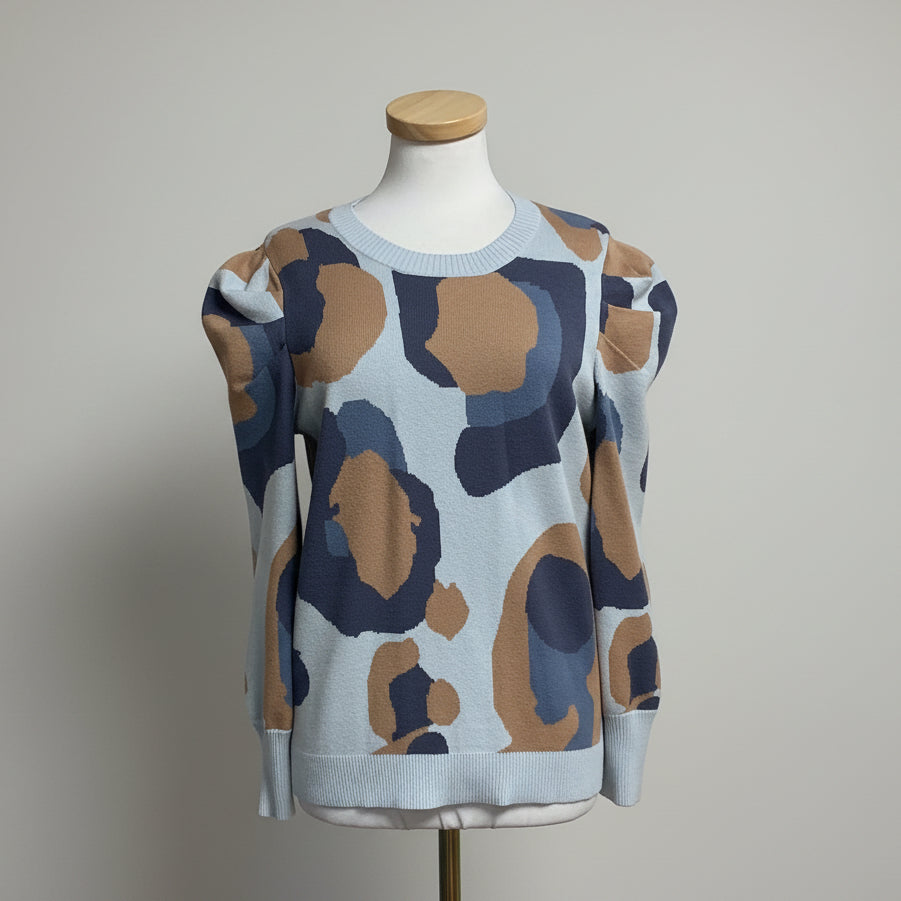 Emily McCarthy blue and brown cheetah Julia sweater, Size M