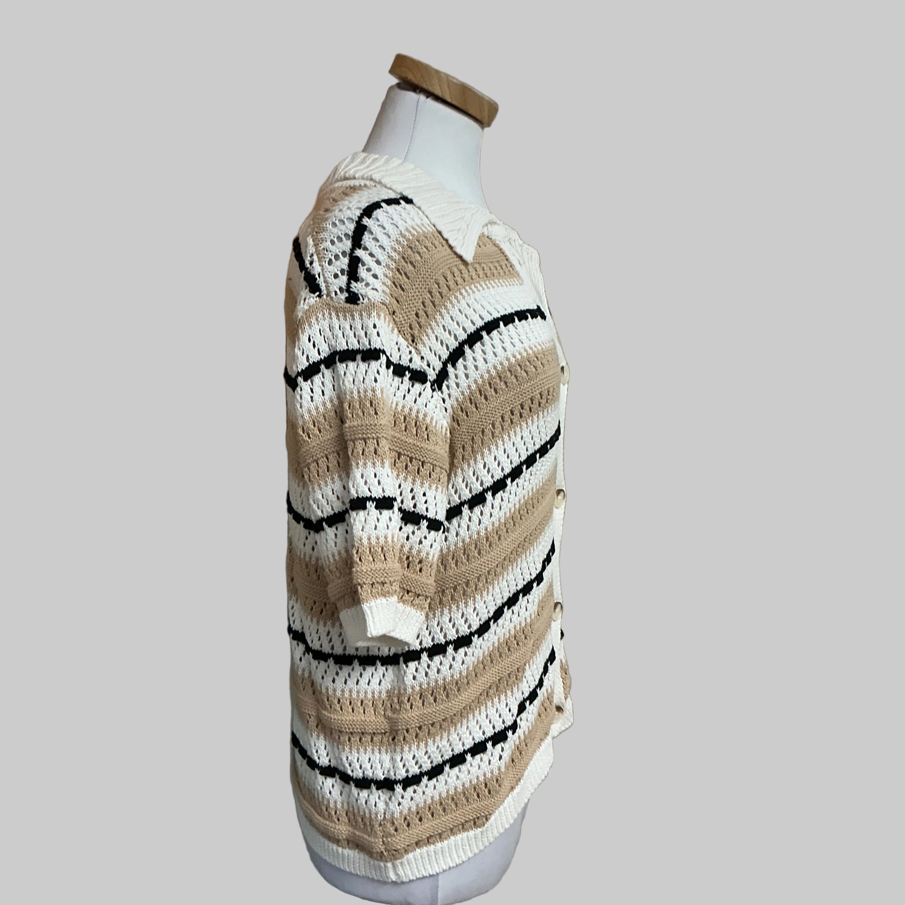 525 khaki and black Fair Isle short sleeve cardigan sweater, size L