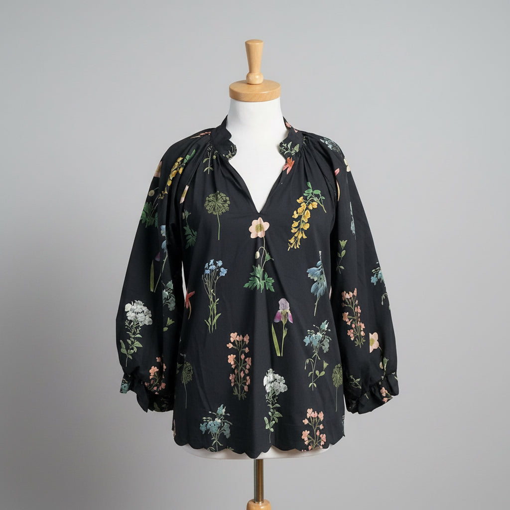 Style USA black floral long sleeve blouse, size M