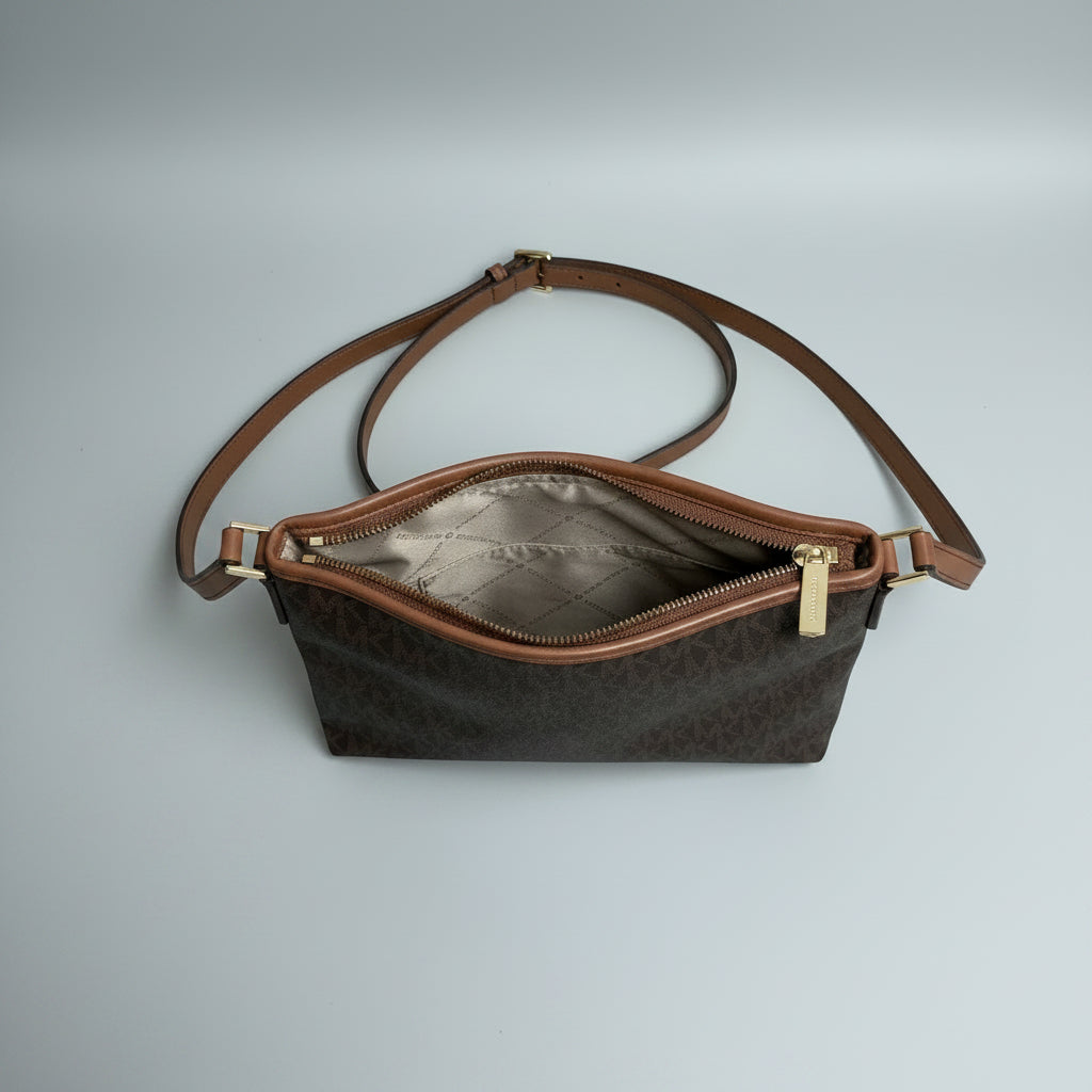 Michael Kors brown logo crossbody with orange stripe, LIKE NEW!