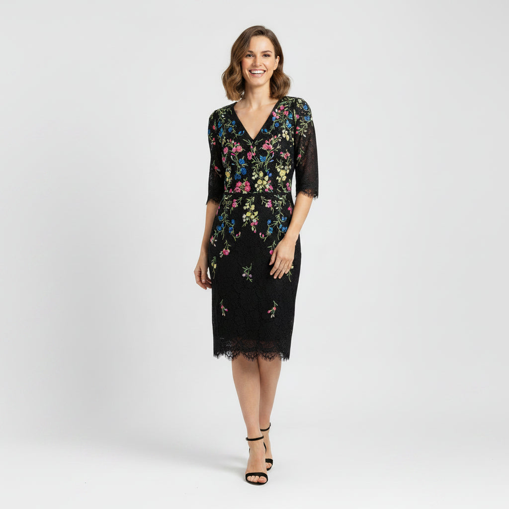 Terijon black lace embroidered dress, size 8, NEW WITH TAGS!