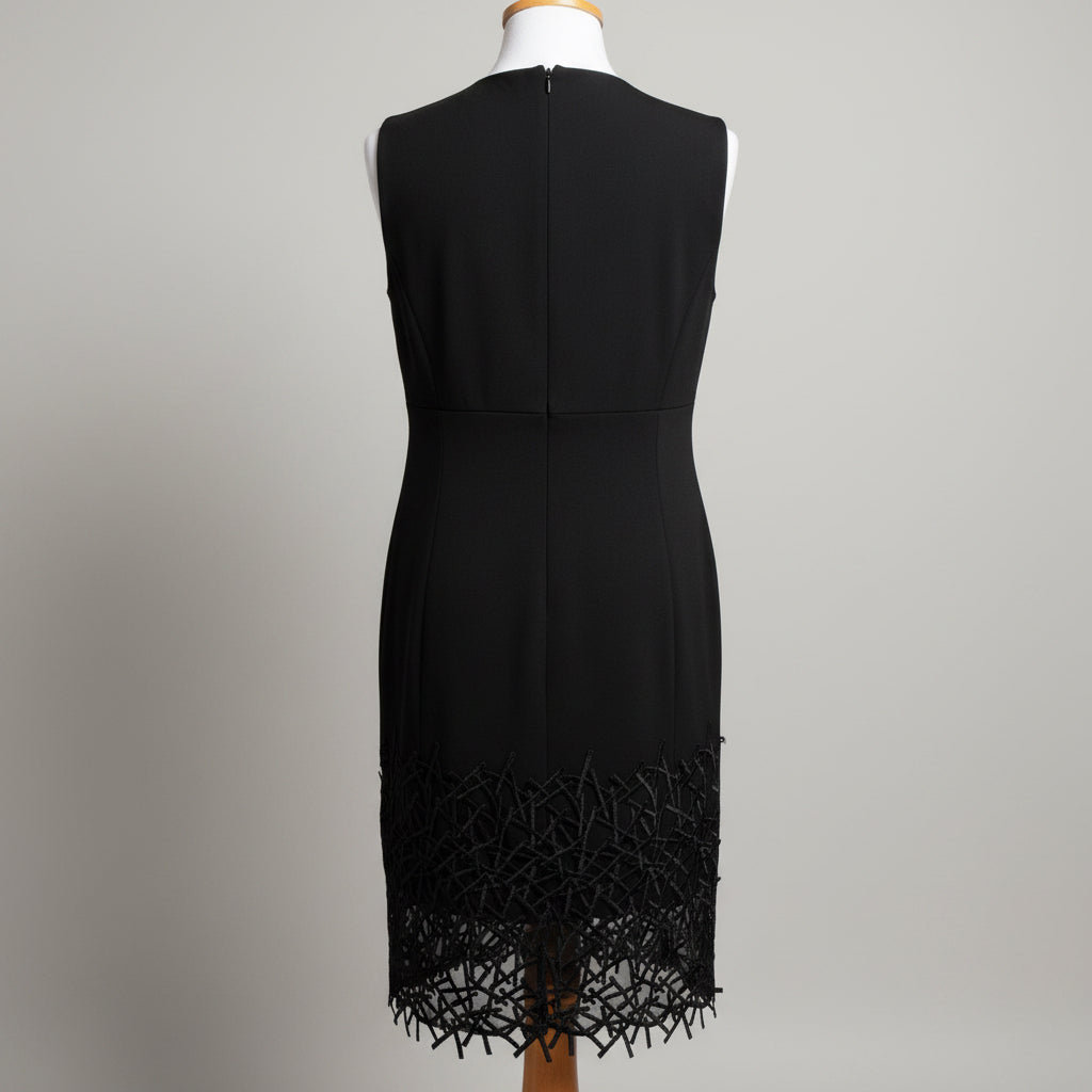 Carlisle black sheath dress with black embroidered hem, size S