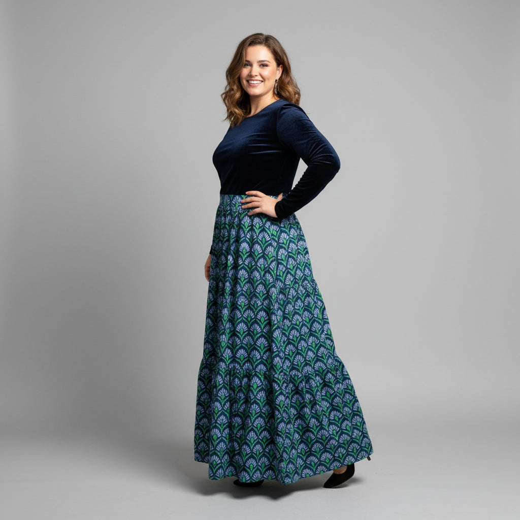 Prosperina blue velvet and floral Fontaine dress, size L, NEW WITH TAGS!