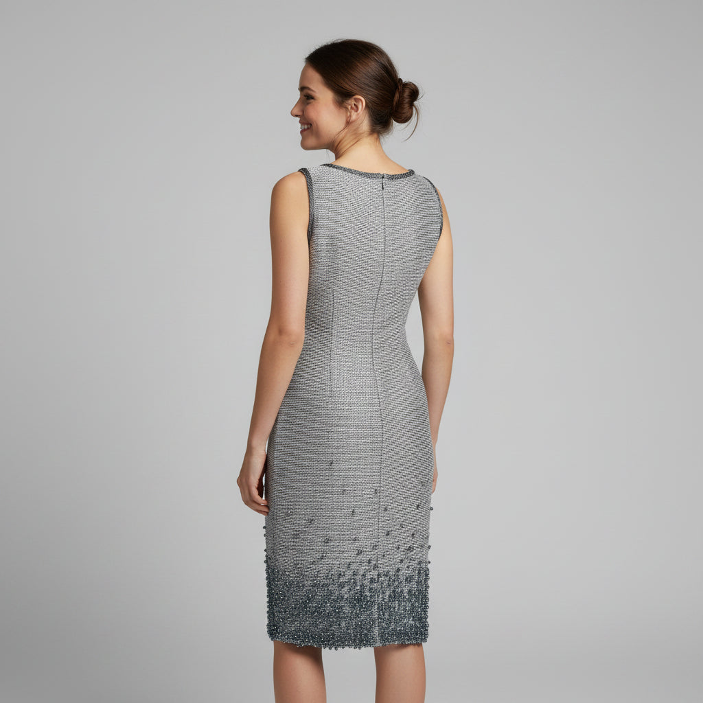 St. John Couture ivory and gray beaded dress, size 4