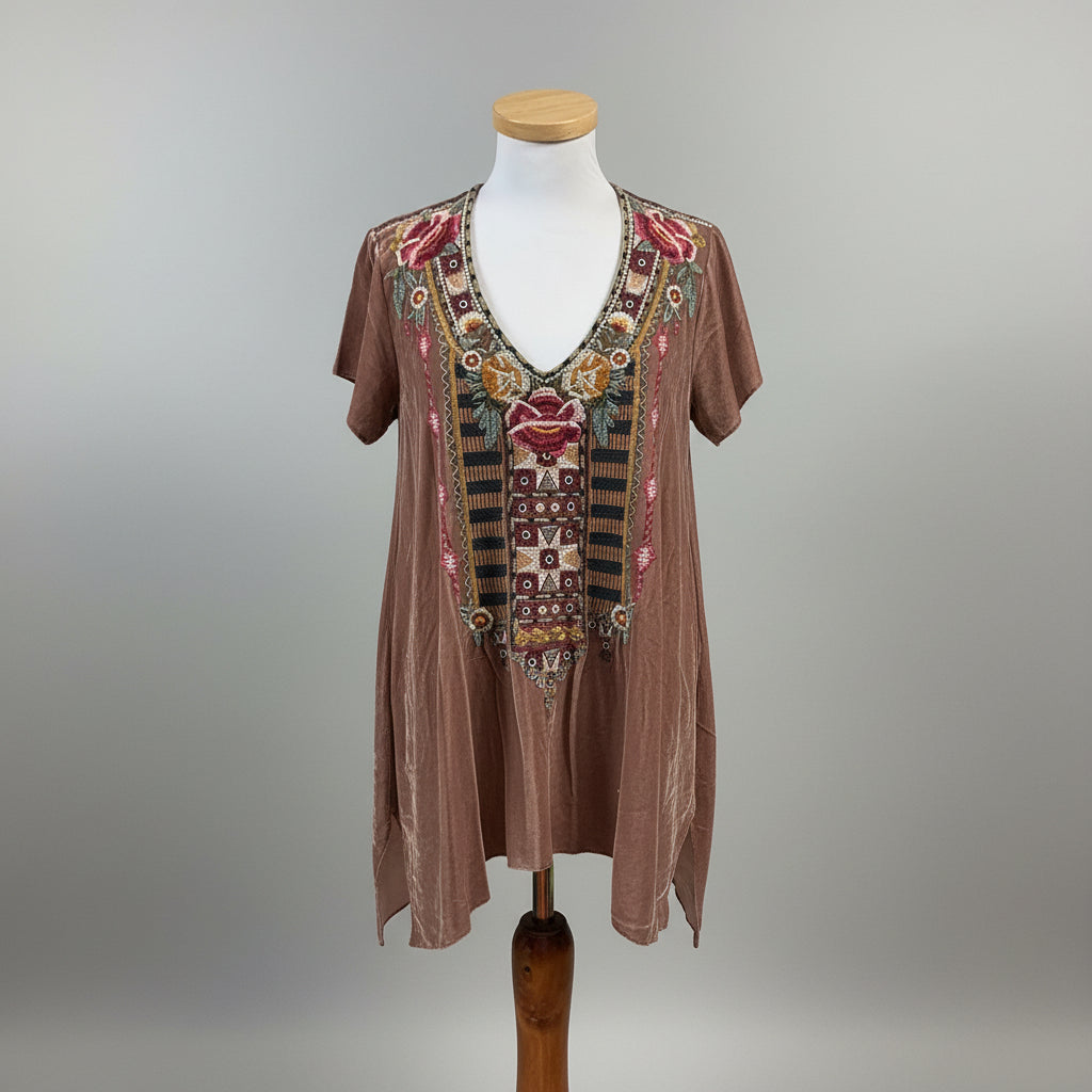 Johnny Was blush velour embroidered blouse, size S