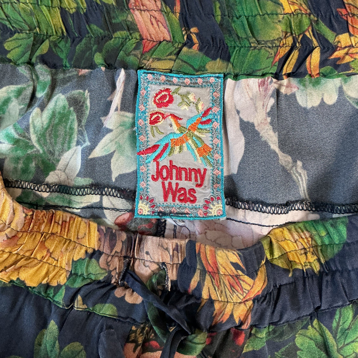 Johnny Was navy floral print silk pants, size M